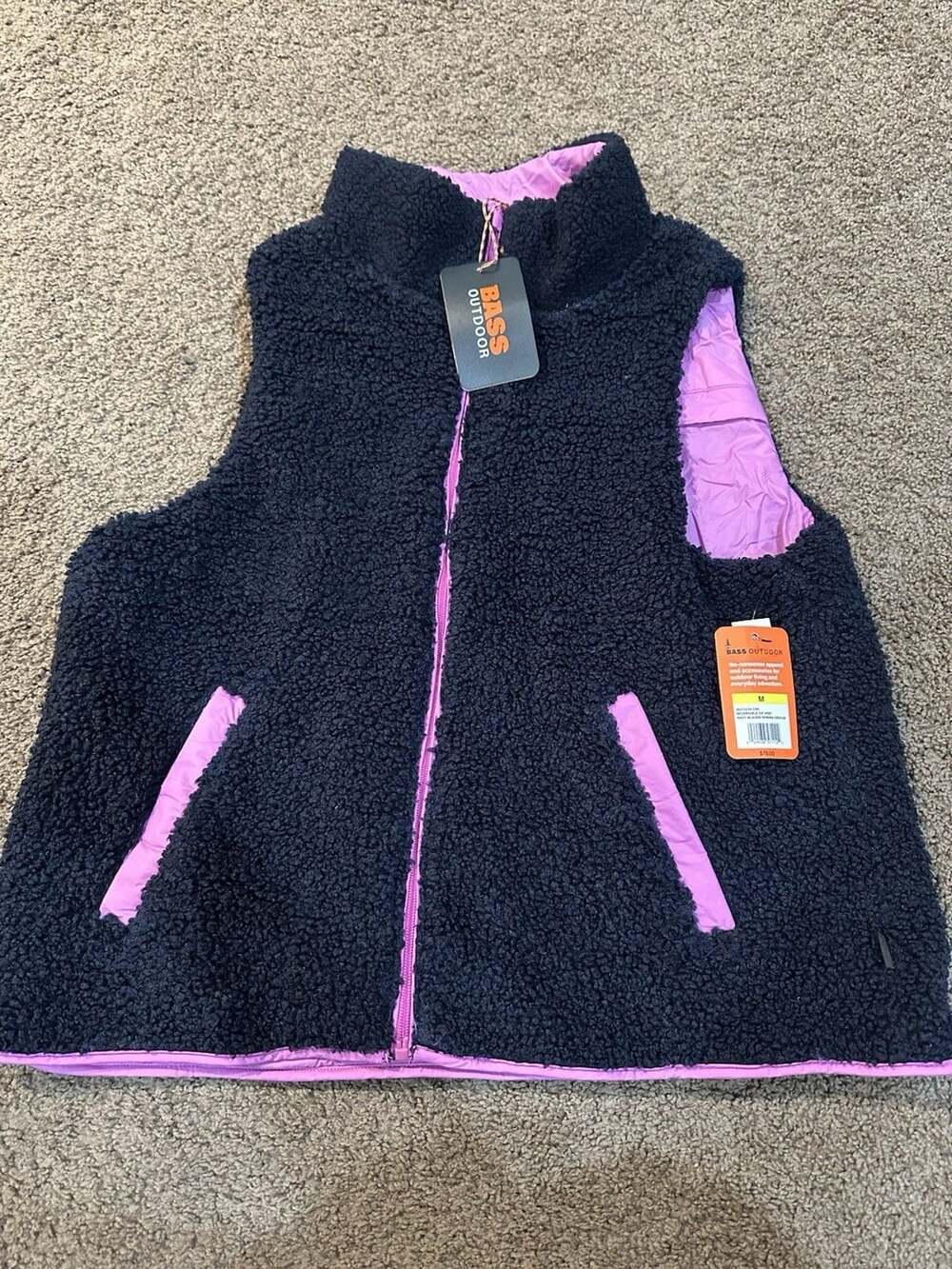 Bass Outdoor Reversible Sherpa Zip Vest NWT Medium Navy/Purple $79 Retail